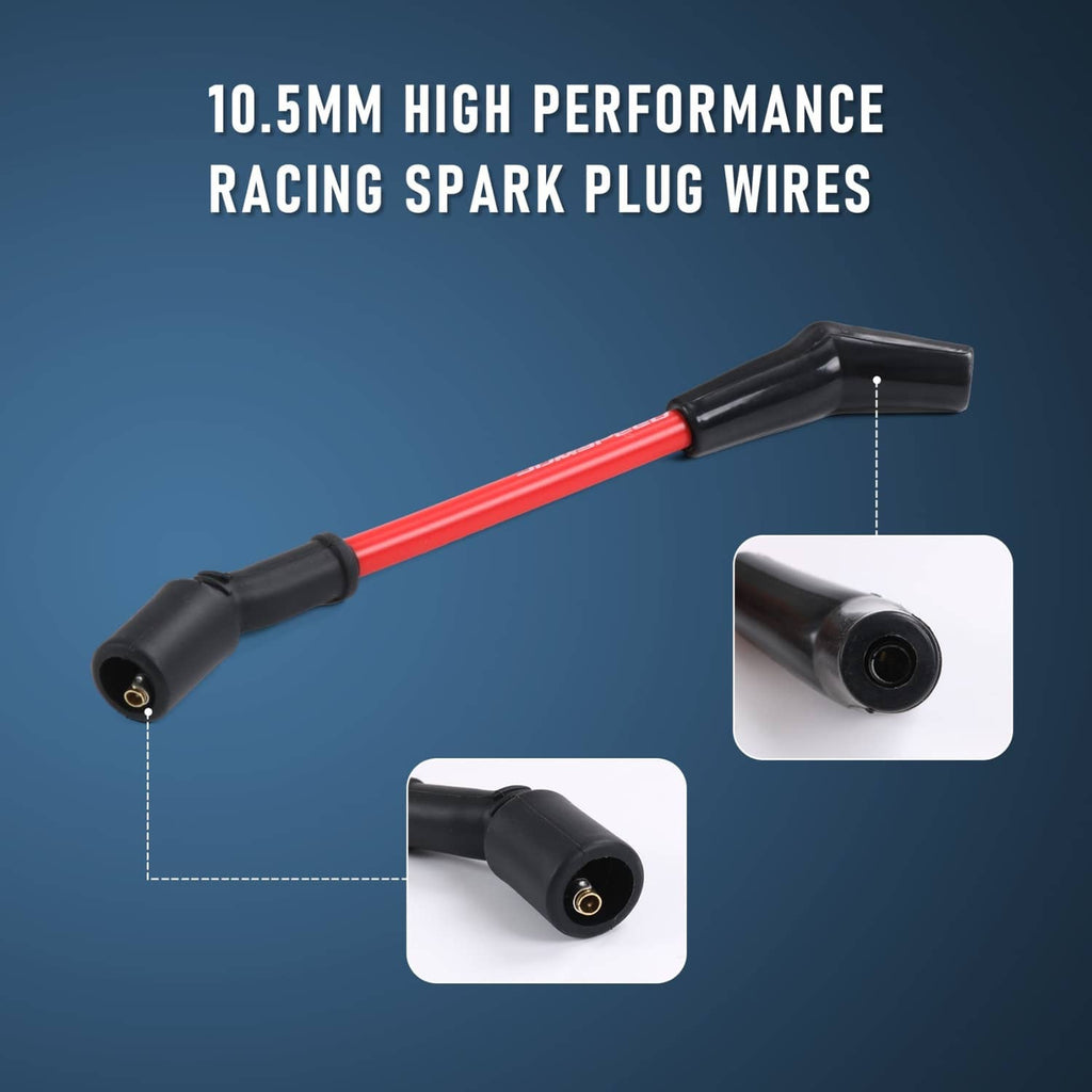 Racing spark plug wire set with black boots and red cables, detailed connection view