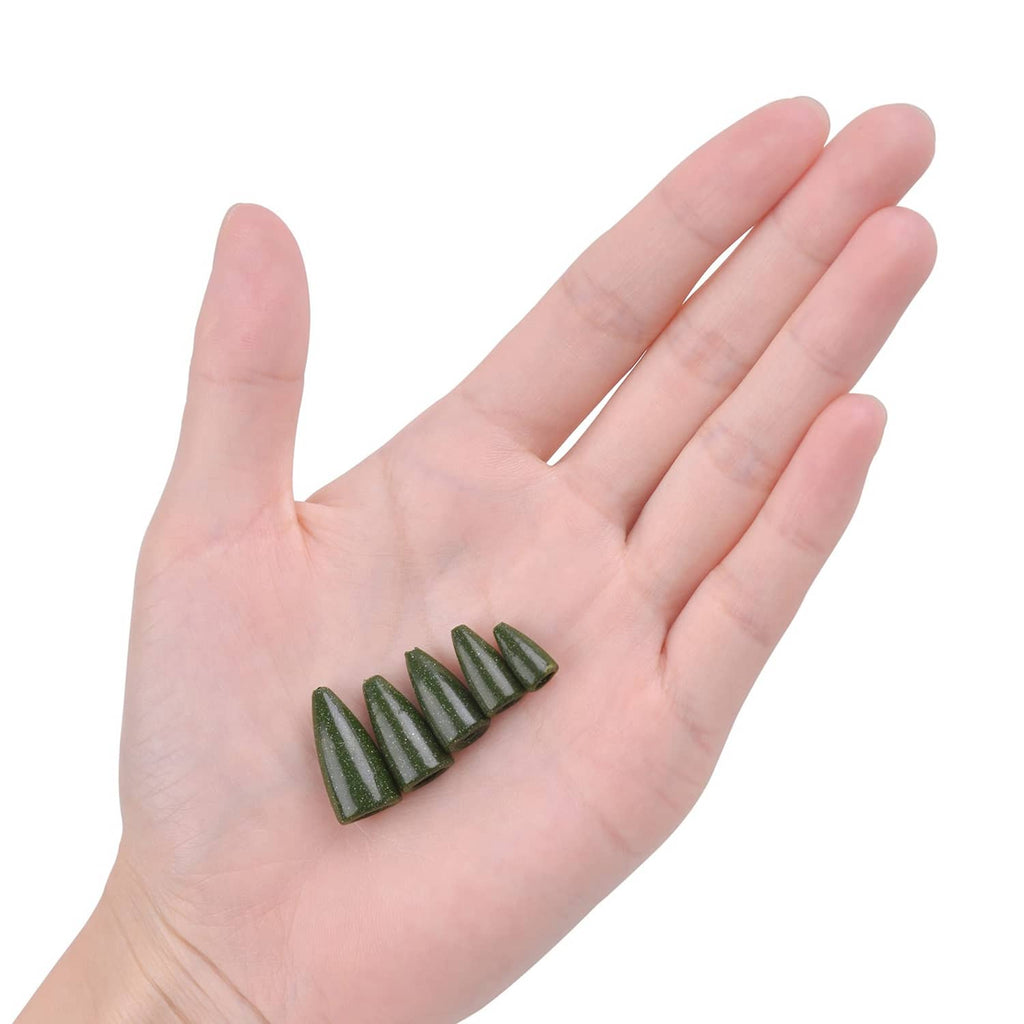 Dark green bullet fishing sinkers resting on an open palm.
