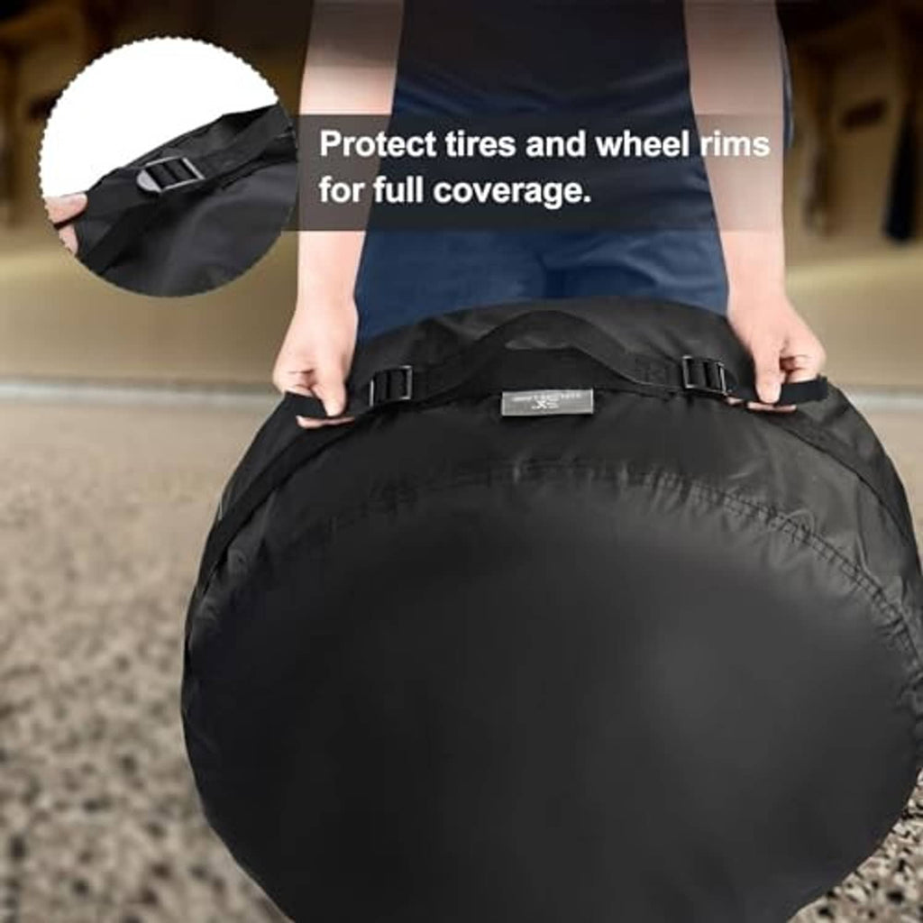 Round black spare tire cover with straps and buckles for wheel rim protection