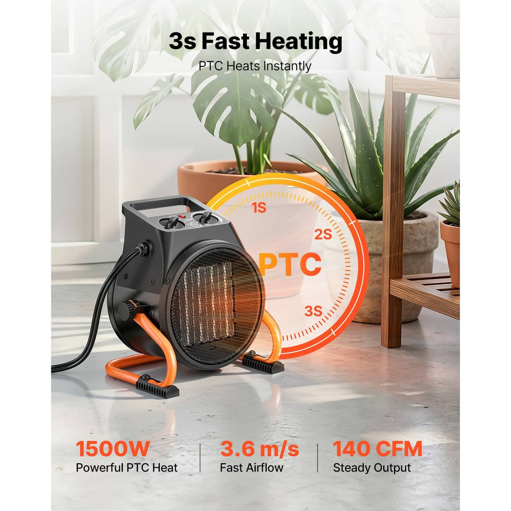 Electric PTC greenhouse heater showing front grill with orange base legs and power cord