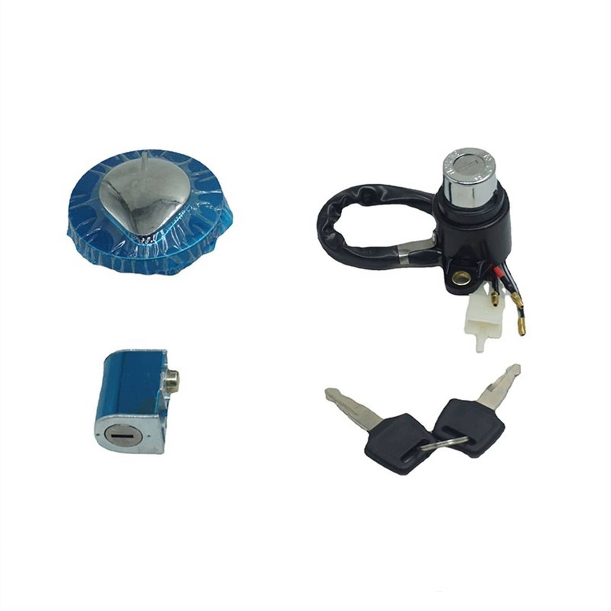 Ignition switch and fuel cap/seat lock set with keys and lock cylinders