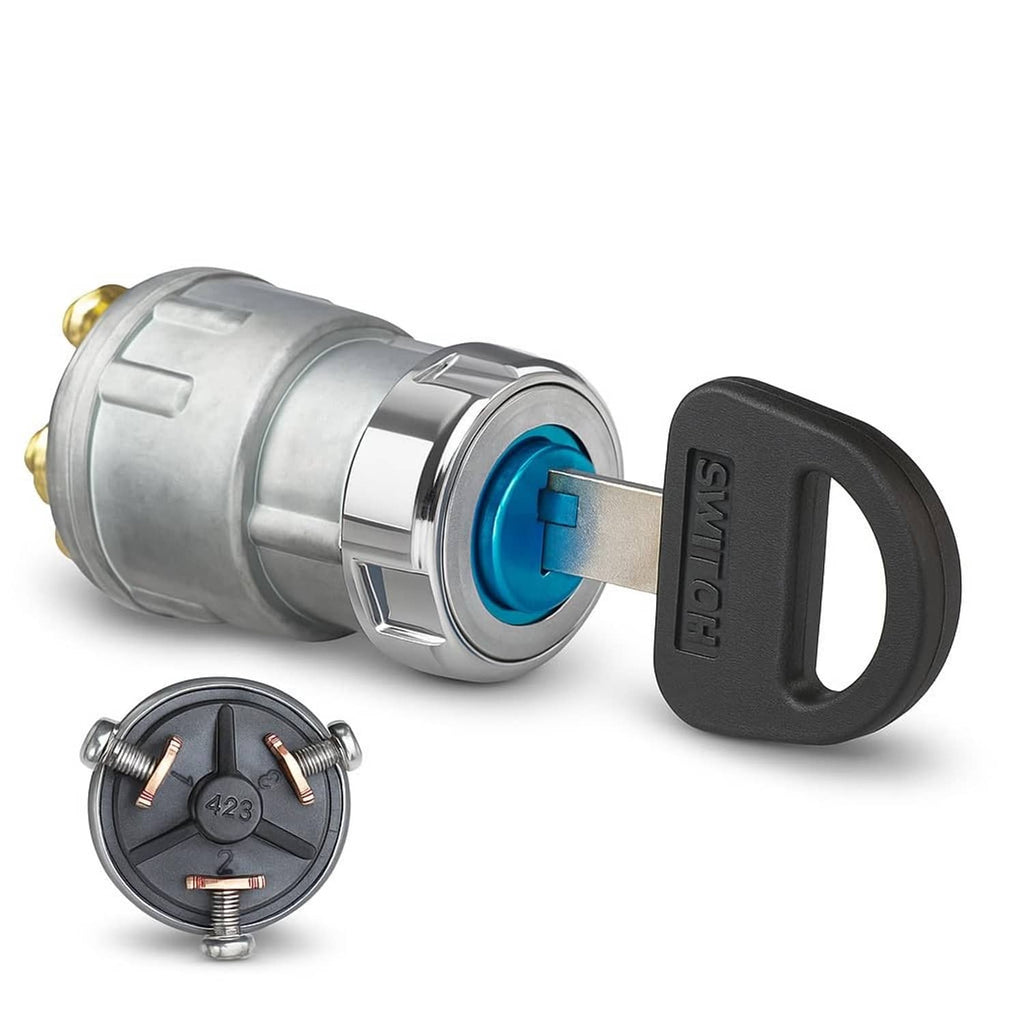 Universal ignition key switch with black key, silver cylinder and blue core