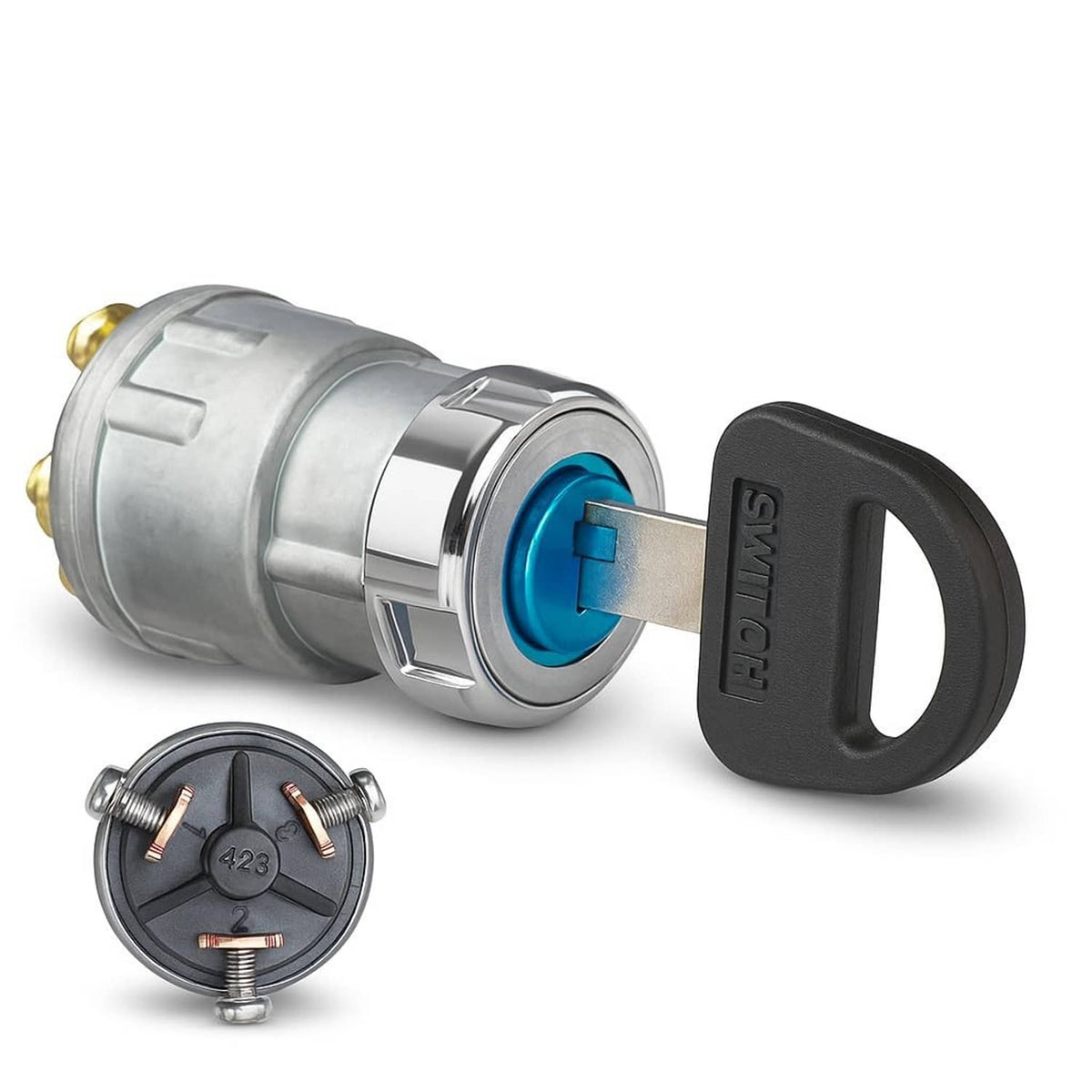 Universal ignition key switch with black key, silver cylinder and blue core