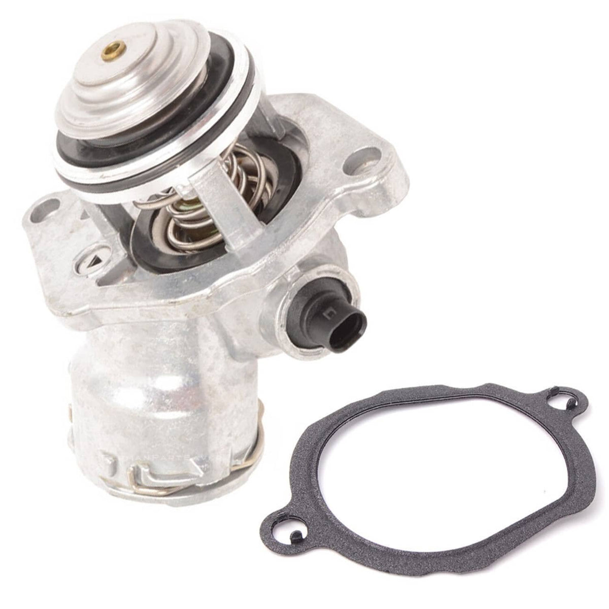 Engine coolant thermostat assembly with sensor; metal body, spring, rubber gasket