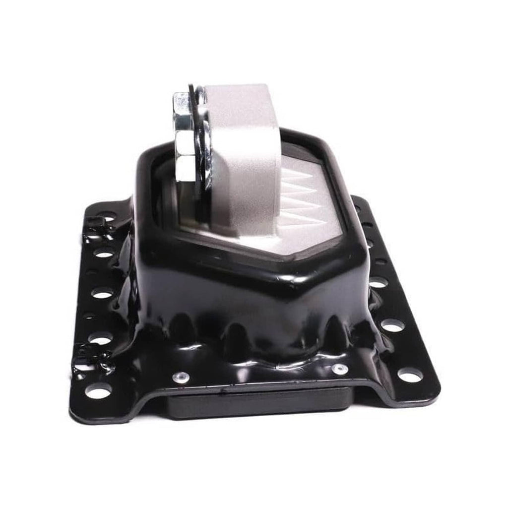 Black engine mount base with upright silver bushing and mounting holes