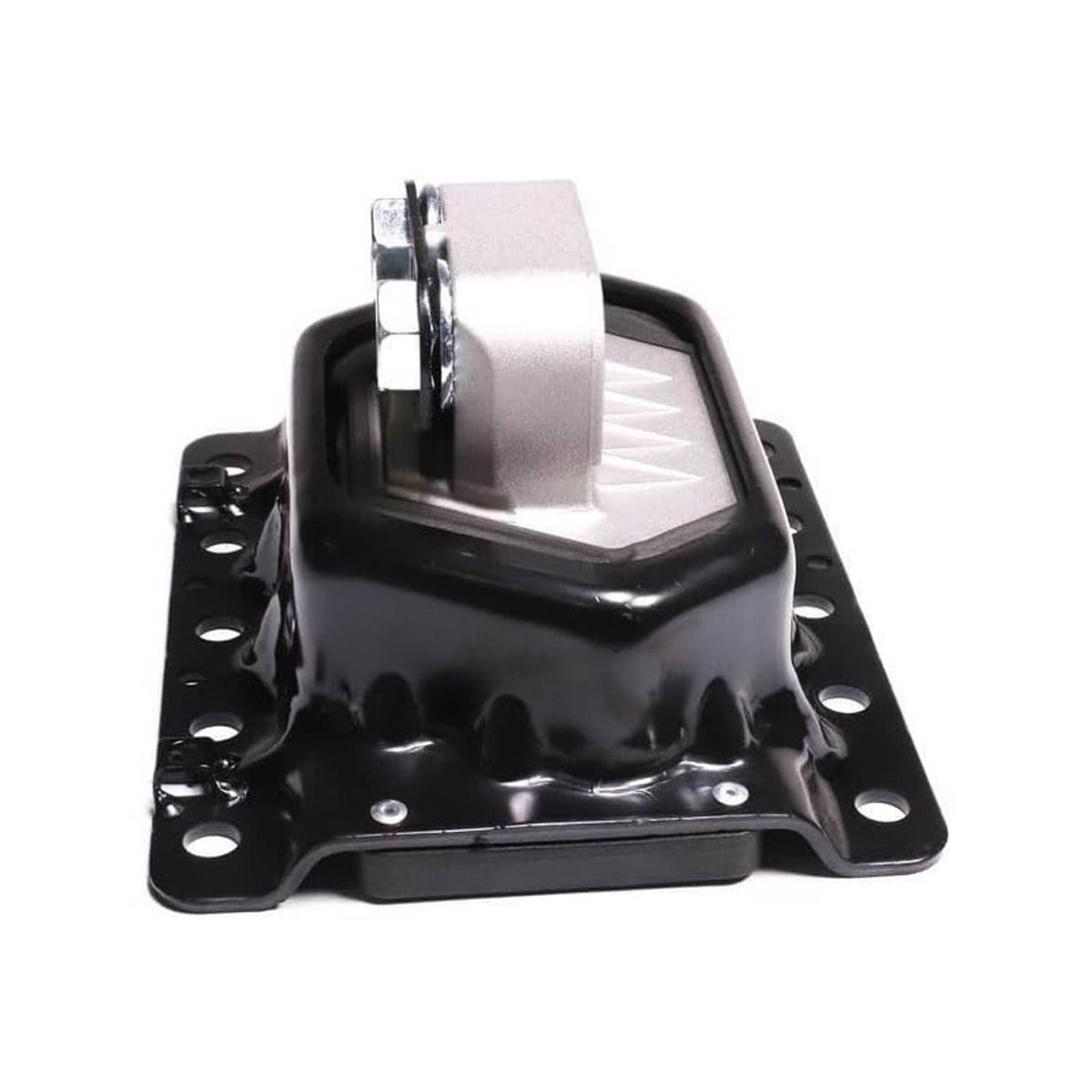 Black engine mount base with upright silver bushing and mounting holes