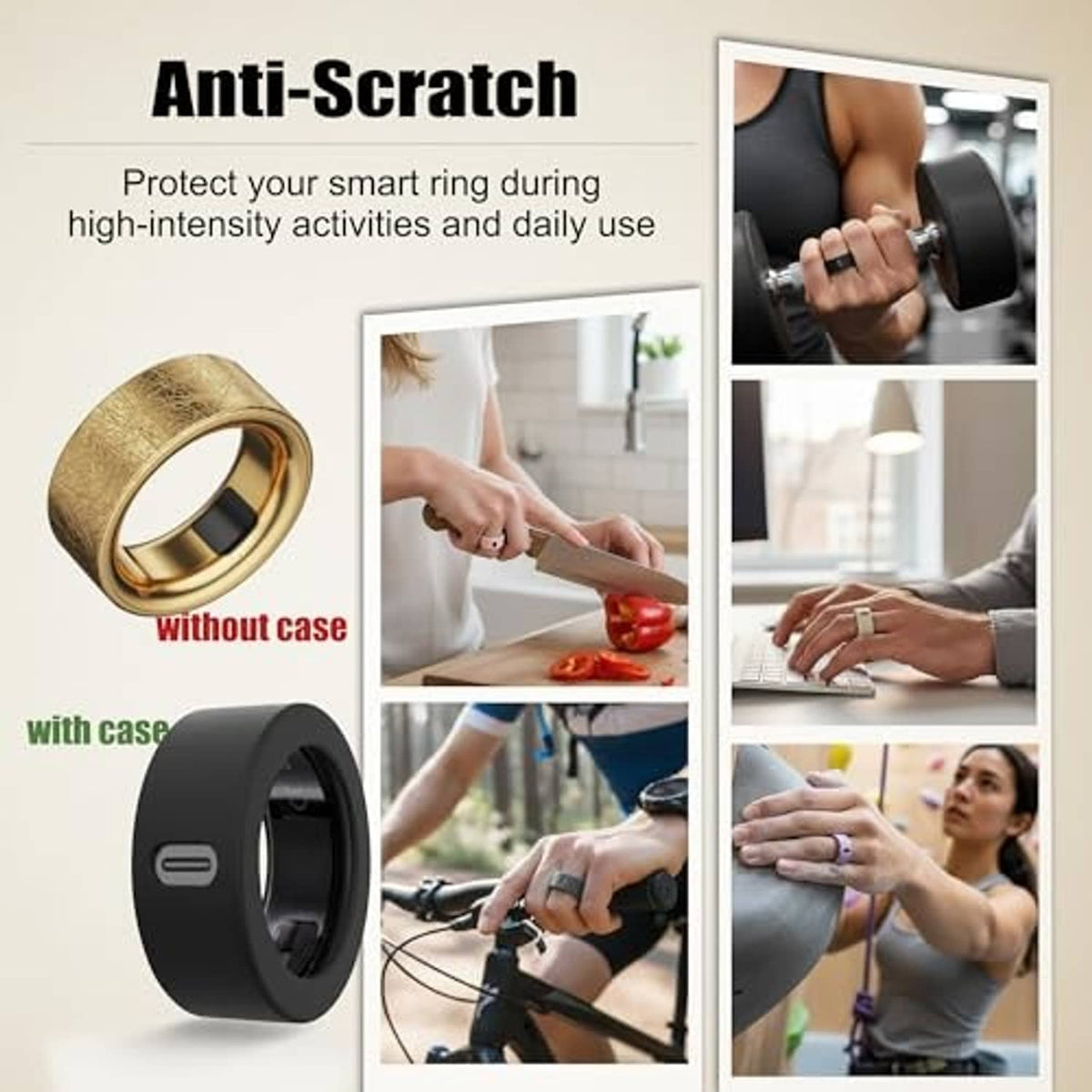 Cream white and black silicone ring covers for anti-scratch protection of a smart ring