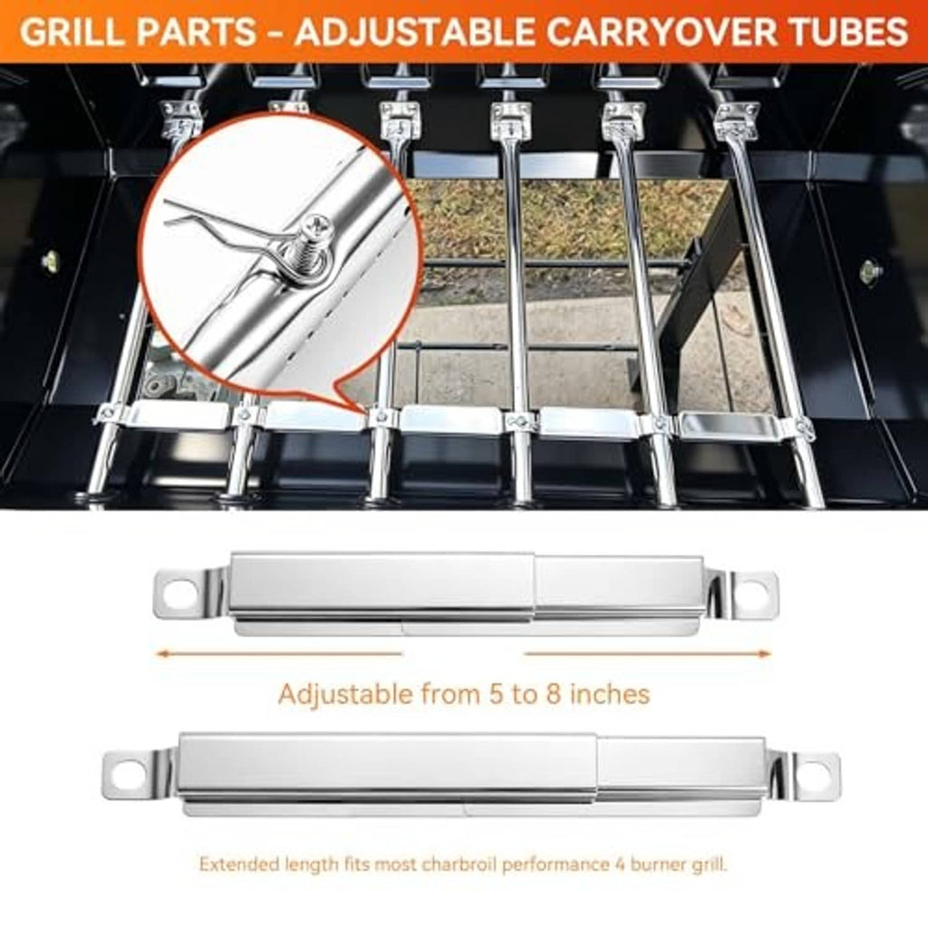 Adjustable stainless steel grill carryover tubes with mounting clips