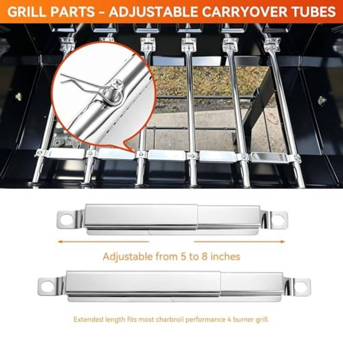 Adjustable stainless steel grill carryover tubes with mounting clips