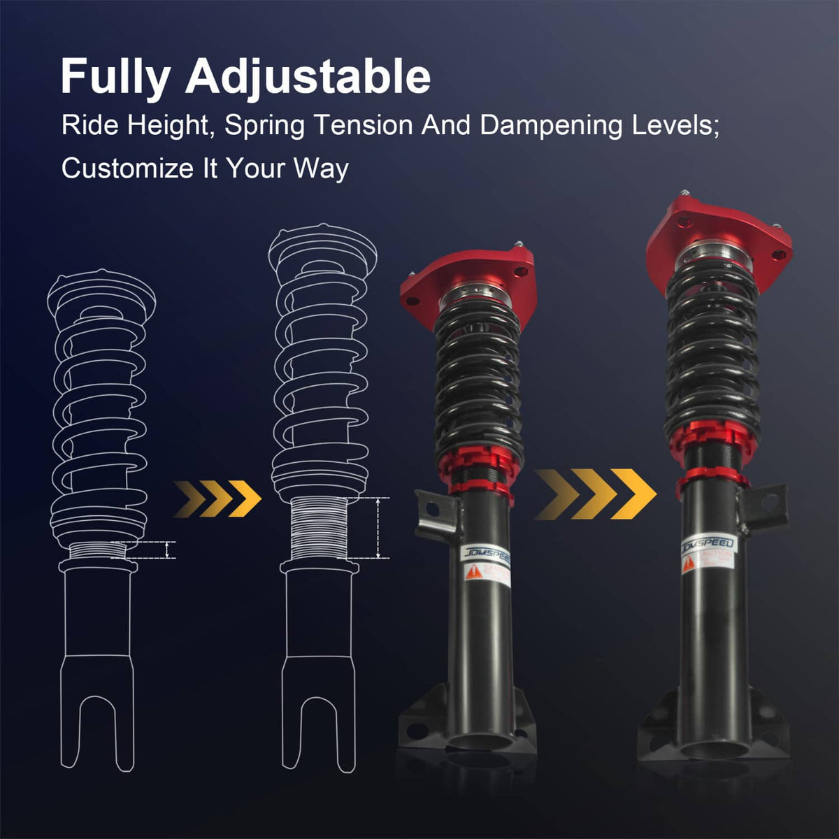 Two adjustable coilover suspension struts with red top caps and black coil springs