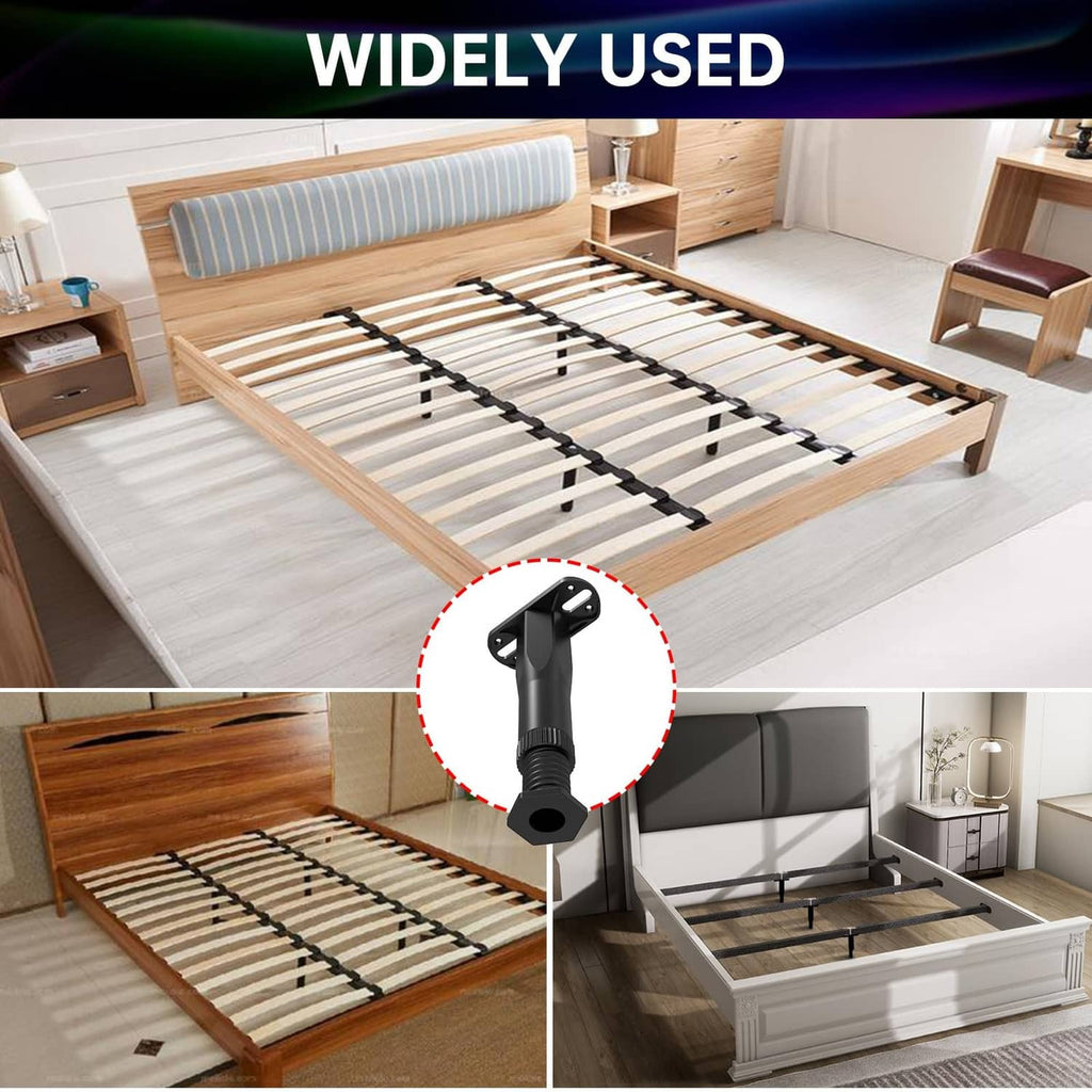 Black adjustable bed frame leg component with threaded stem shown on slat bed