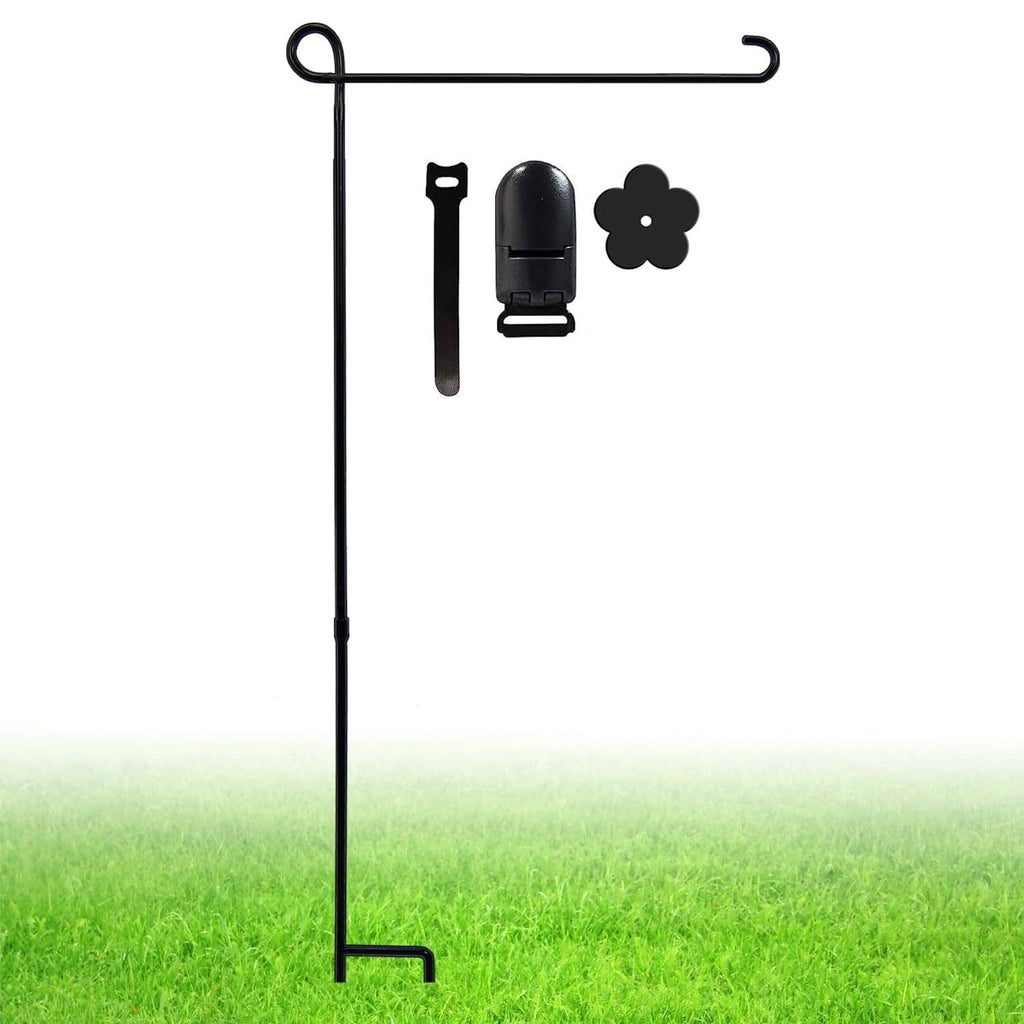 Black garden flag stand with spike base, top hook, and flower-shaped clip accessory
