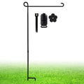 Black garden flag stand with spike base, top hook, and flower-shaped clip accessory