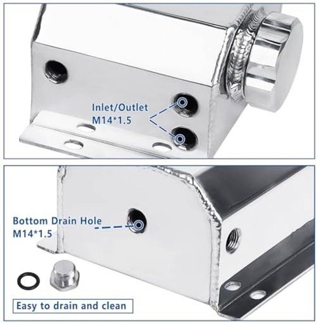 Silver coolant expansion tank with inlet/outlet ports and bottom drain opening