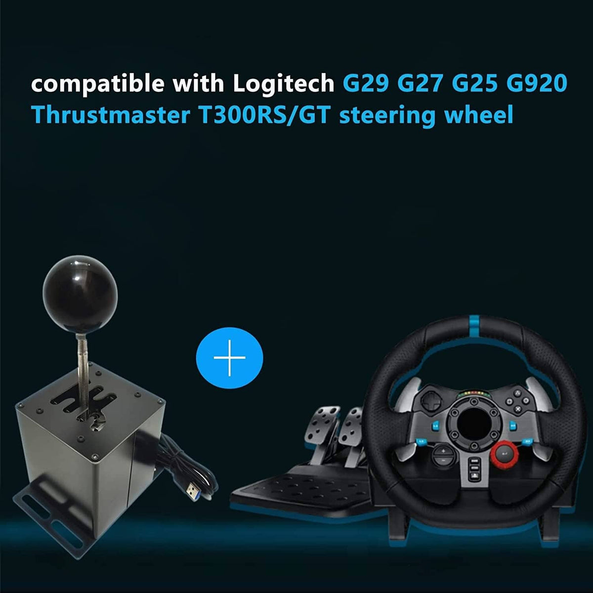 Sim racing gear shifter with round black knob on black base and connected cable