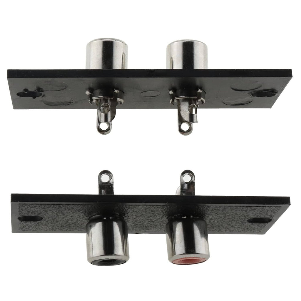 RCA terminal wall plate set with silver RCA posts, black mounting plate, and screw tabs.