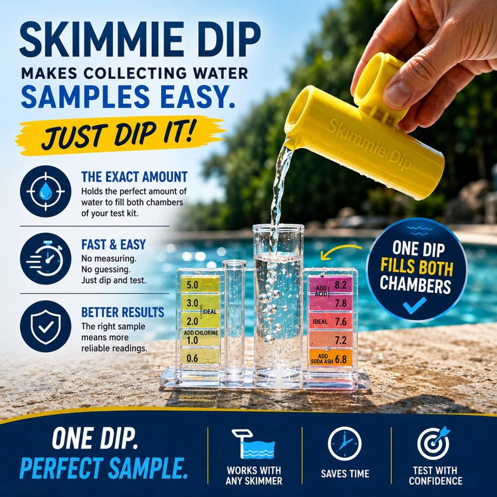 Yellow pool water dip tester with clear sample tubes and measurement chambers.