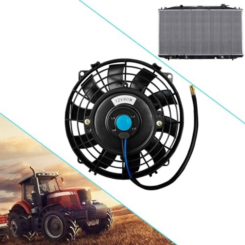 7-inch radiator cooling fan with blue center and electrical wire leads
