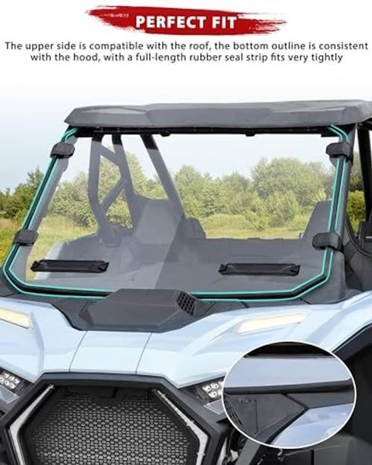 Front clear windshield with black frame and rubber seal edge on UTV