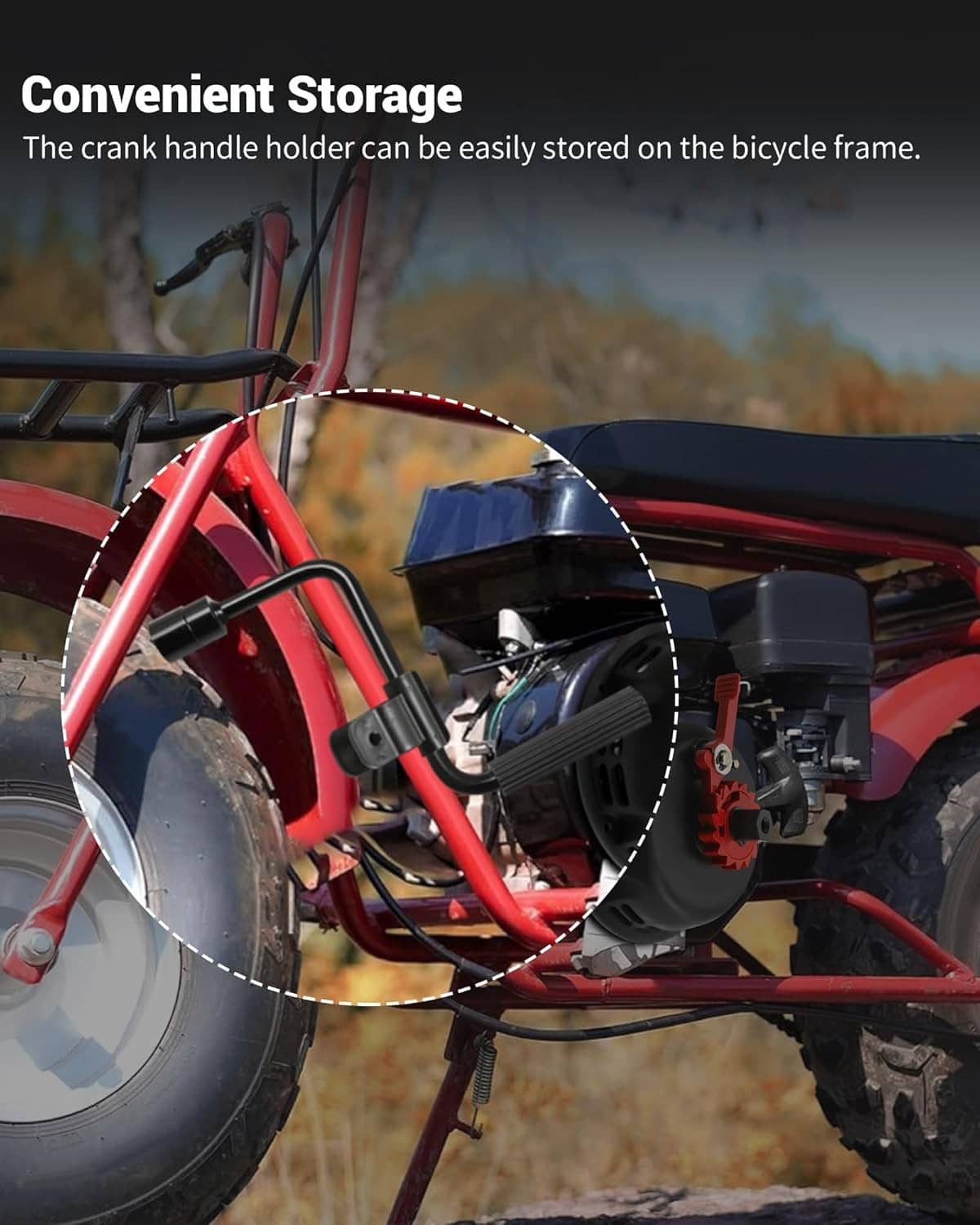 Recoil starter crank holder with black housing and red recoil cover, mounted on frame
