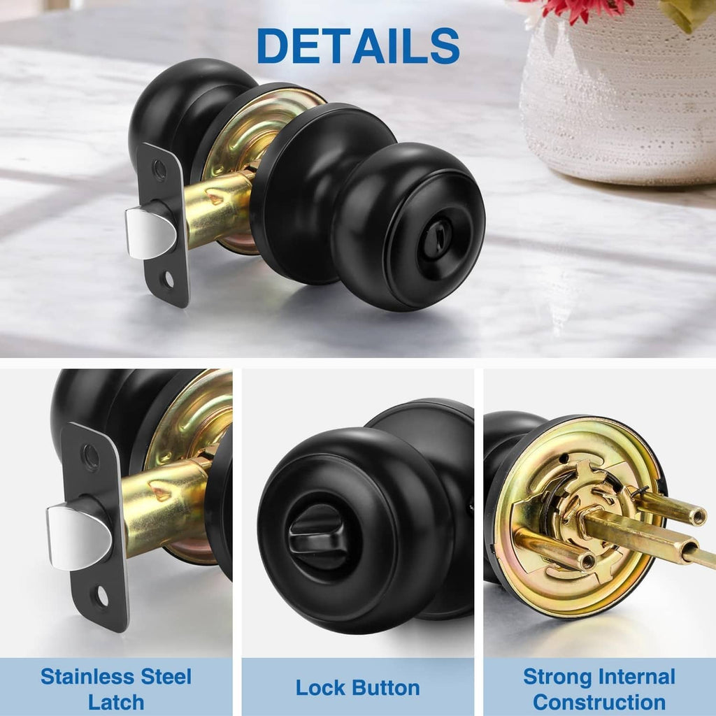 Matte black privacy door knob close-up, lock button and brass interior hardware