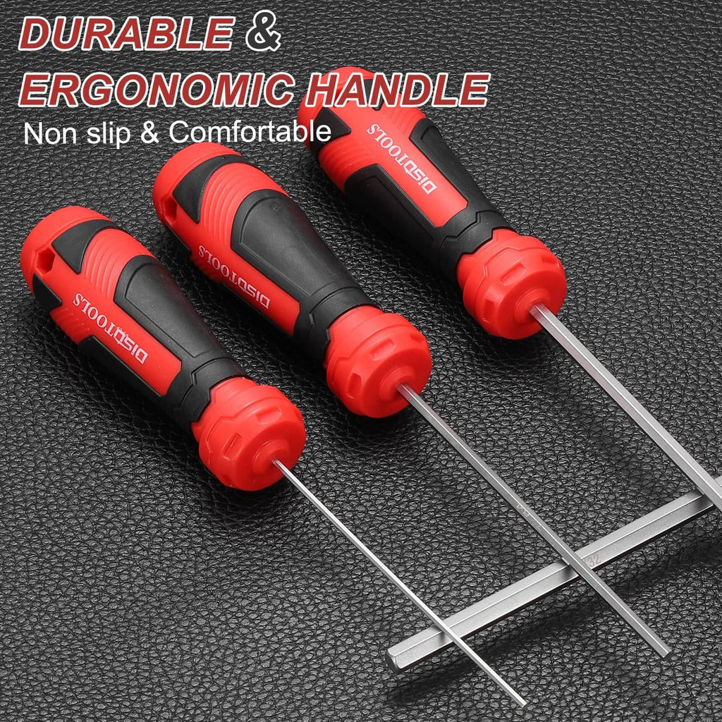 Ergonomic red-and-black hex screwdrivers with silver shafts arranged on a dark mat