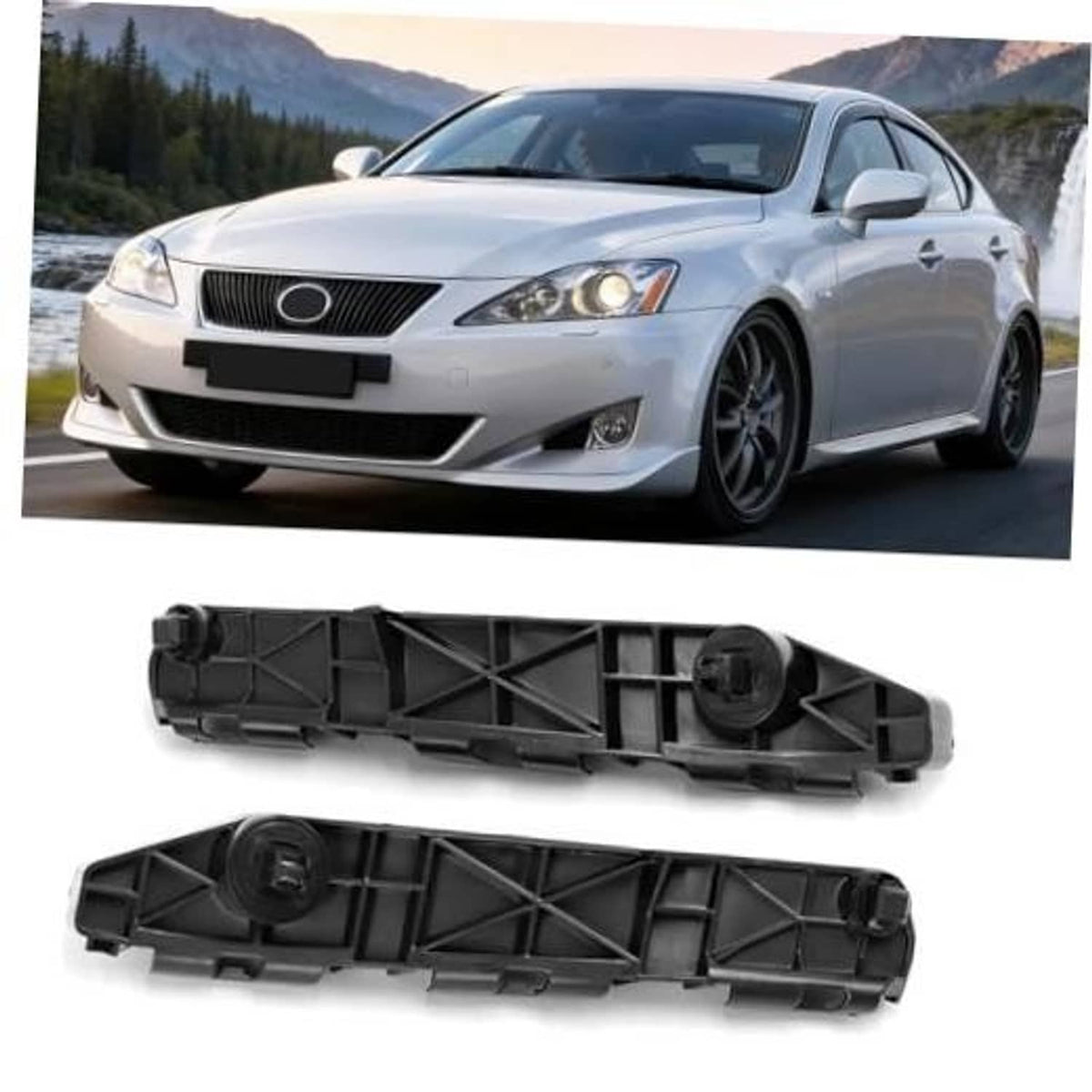 Front bumper bracket set, black plastic mounting brackets with circular cap