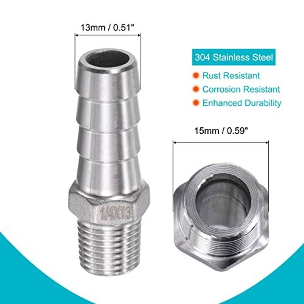 304 stainless steel hose barb fitting with barbed stem and male threaded coupling end.