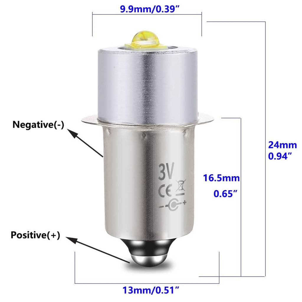 White 3V LED bulb with size markings: 13mm length, 24mm height, 16.5mm diameter