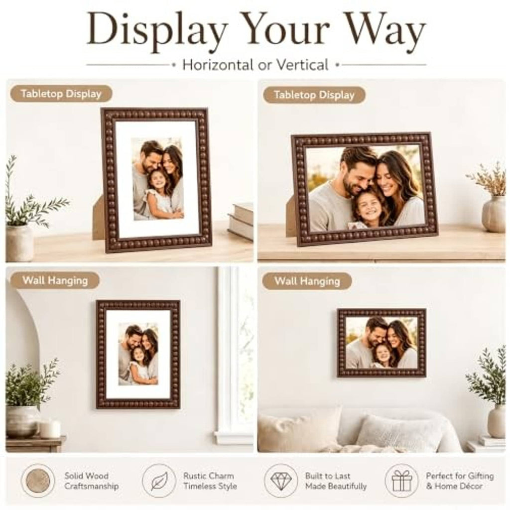 Brown beaded wood picture frame styled for tabletop or wall display