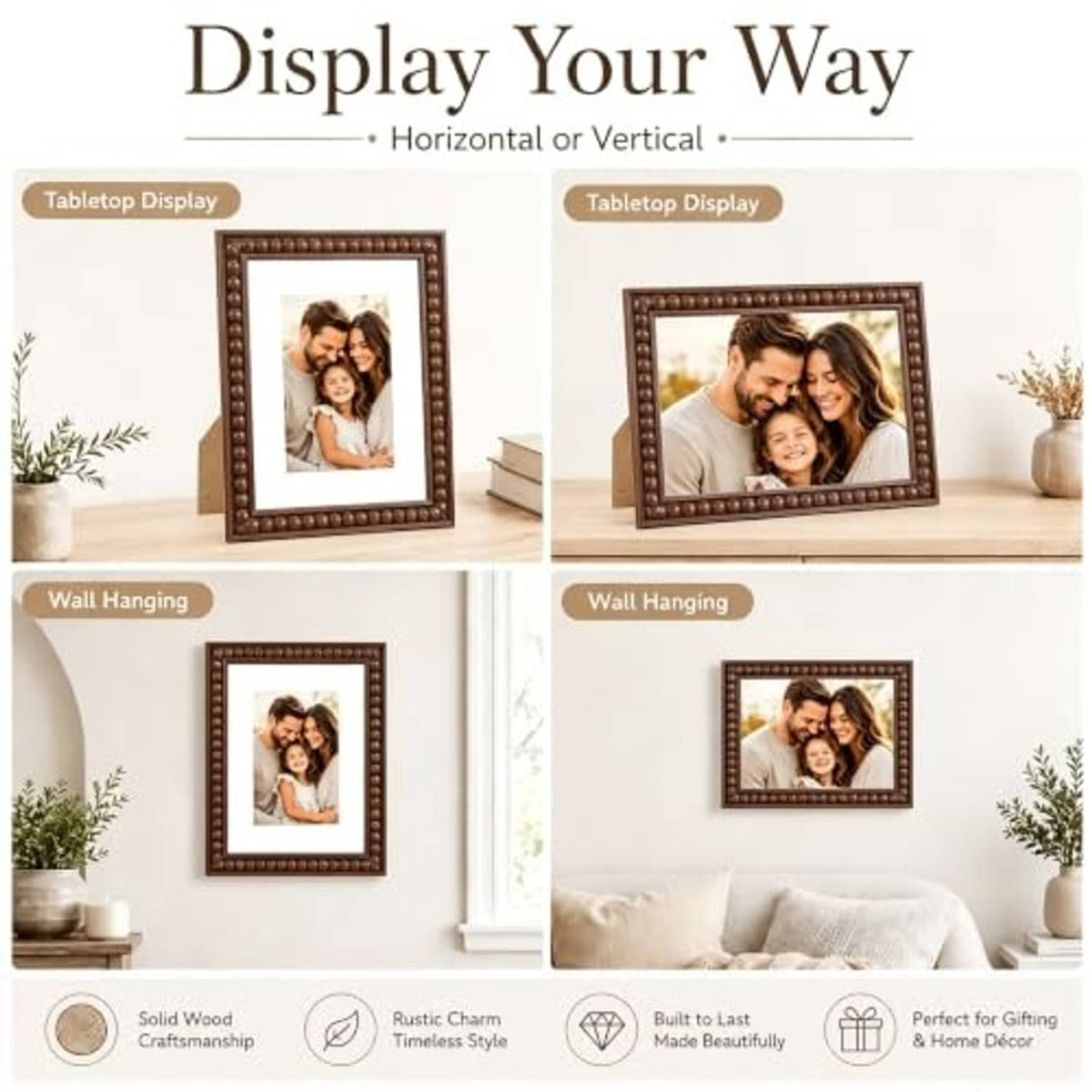 Brown beaded wood picture frame styled for tabletop or wall display