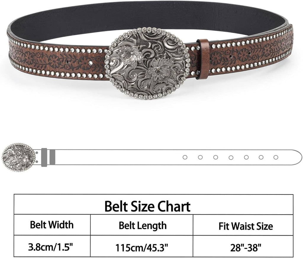 Brown rhinestone belt with large silver oval buckle and black belt underside