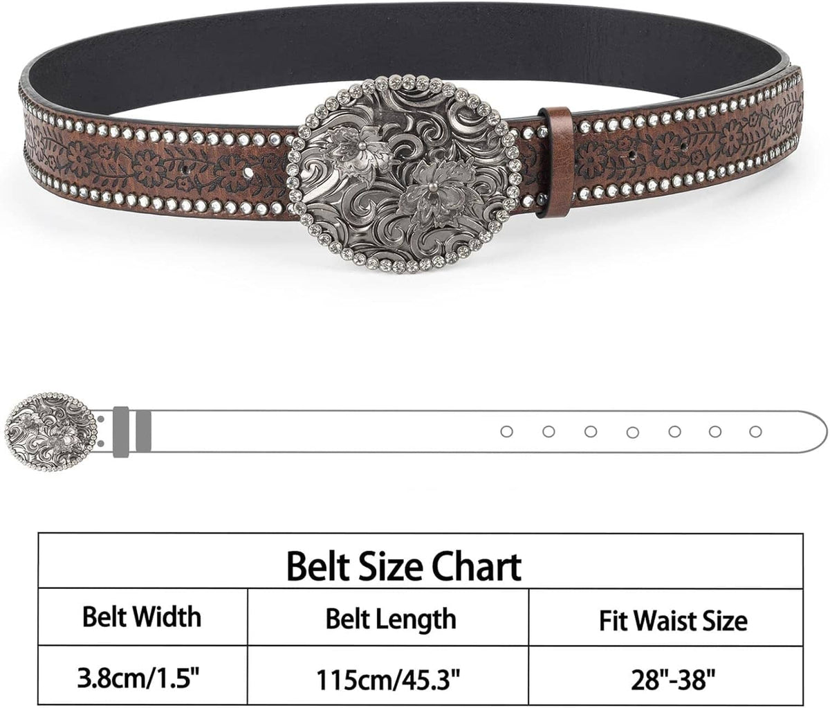 Brown rhinestone belt with large silver oval buckle and black belt underside