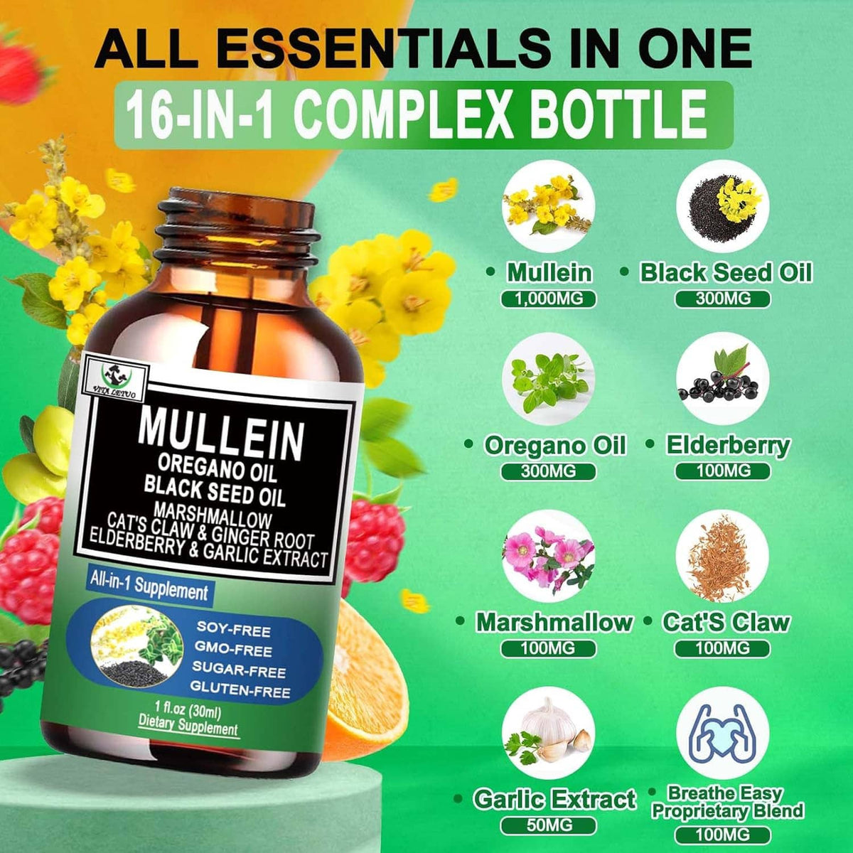 Mullein oregano oil complex bottle, front view with supplement benefits and ingredient icons