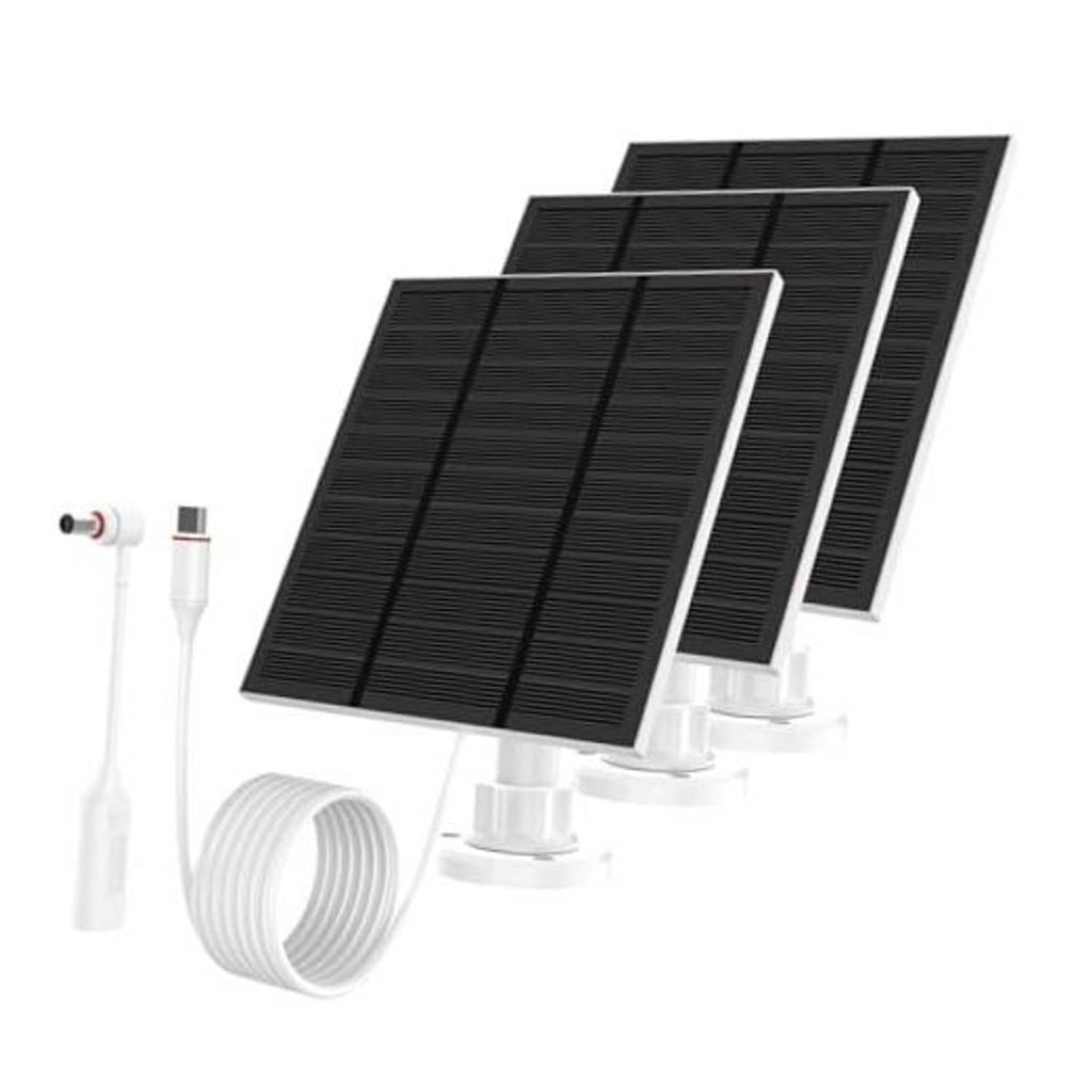 Outdoor solar power panel kit with dual black panels, white mounts, and charging cable