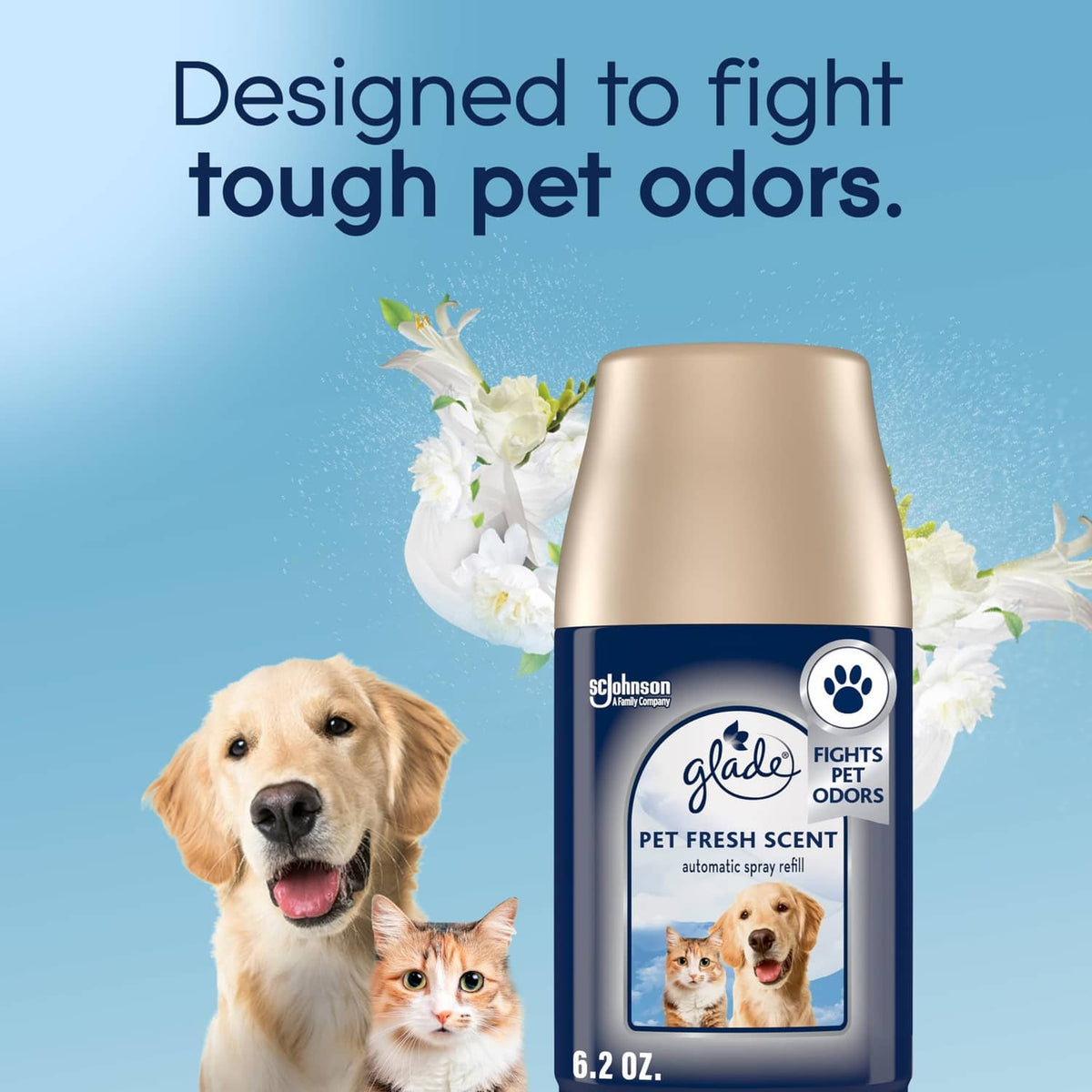 Pet Fresh automatic spray refill canister with dog and cat beside it