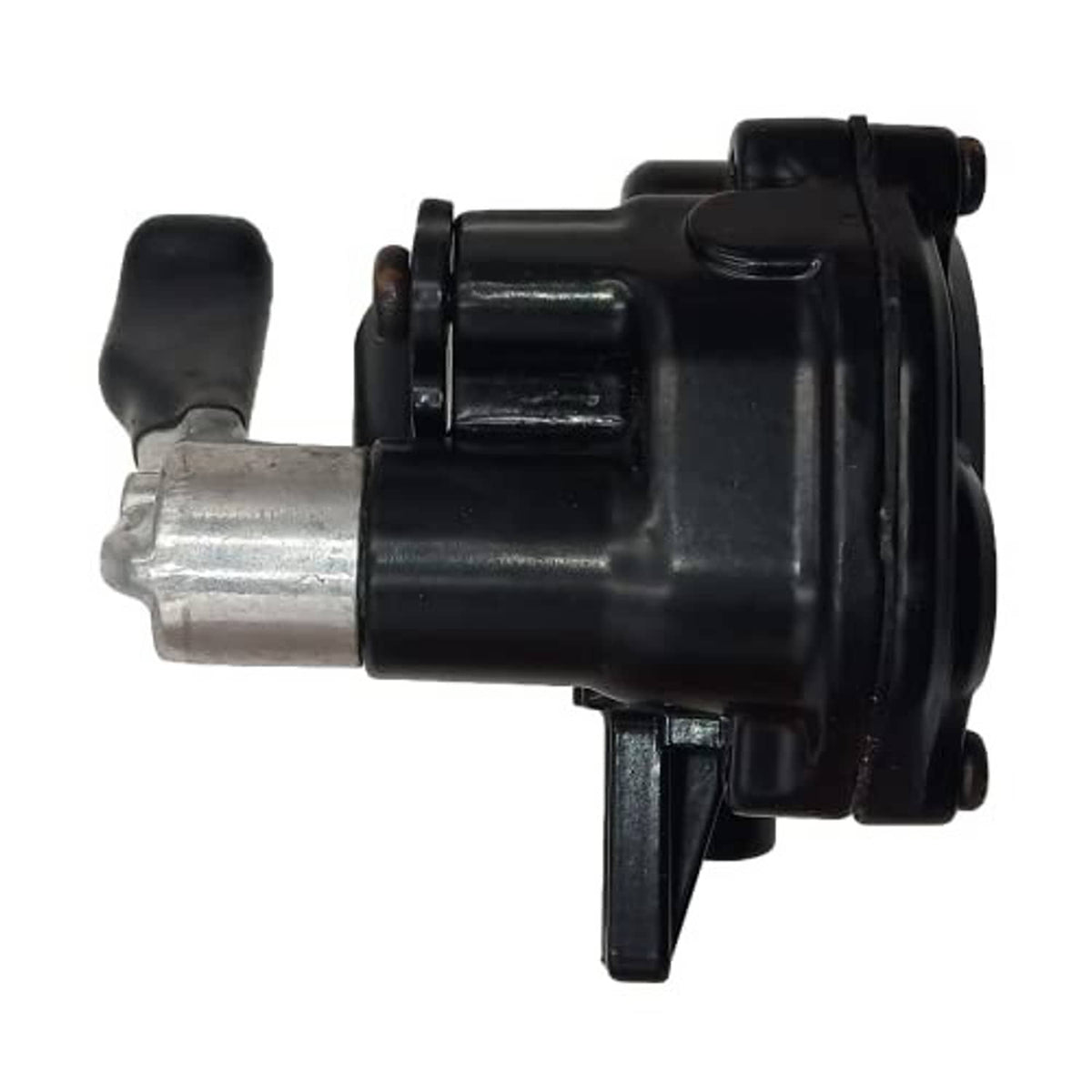 Black thumb throttle control with silver housing end and side lever