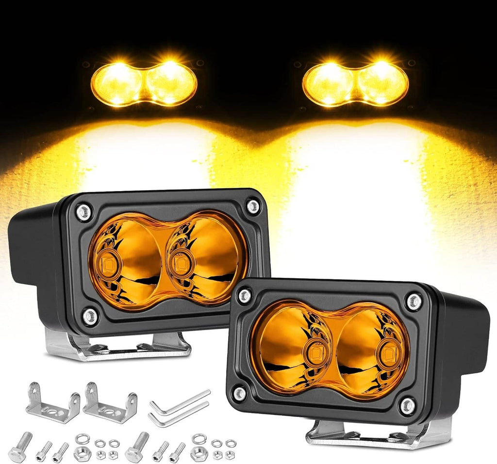 Amber LED pod spotlights set with black housing, amber lenses, mounting brackets