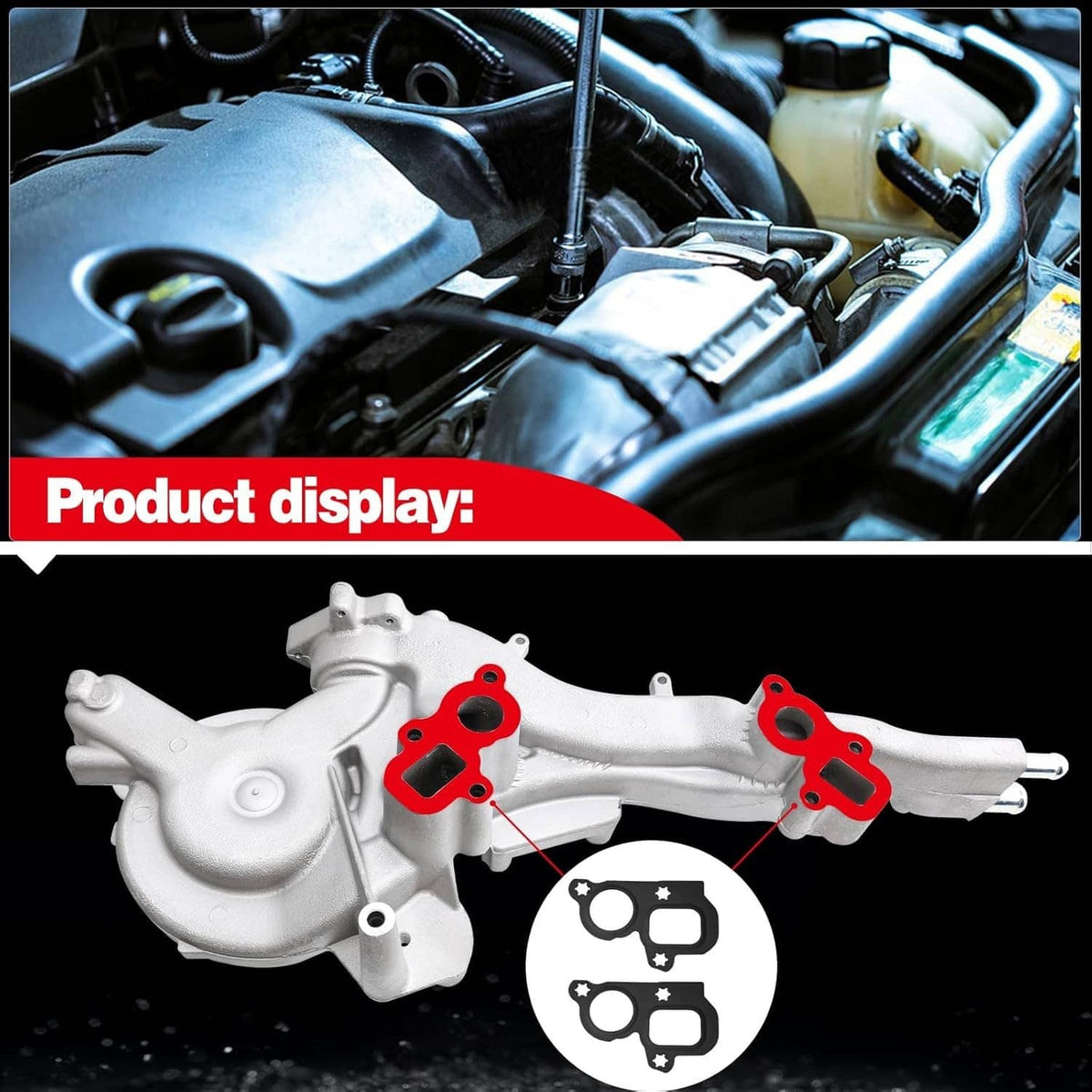 Automotive engine water pump with thermostat, metal housing and fittings