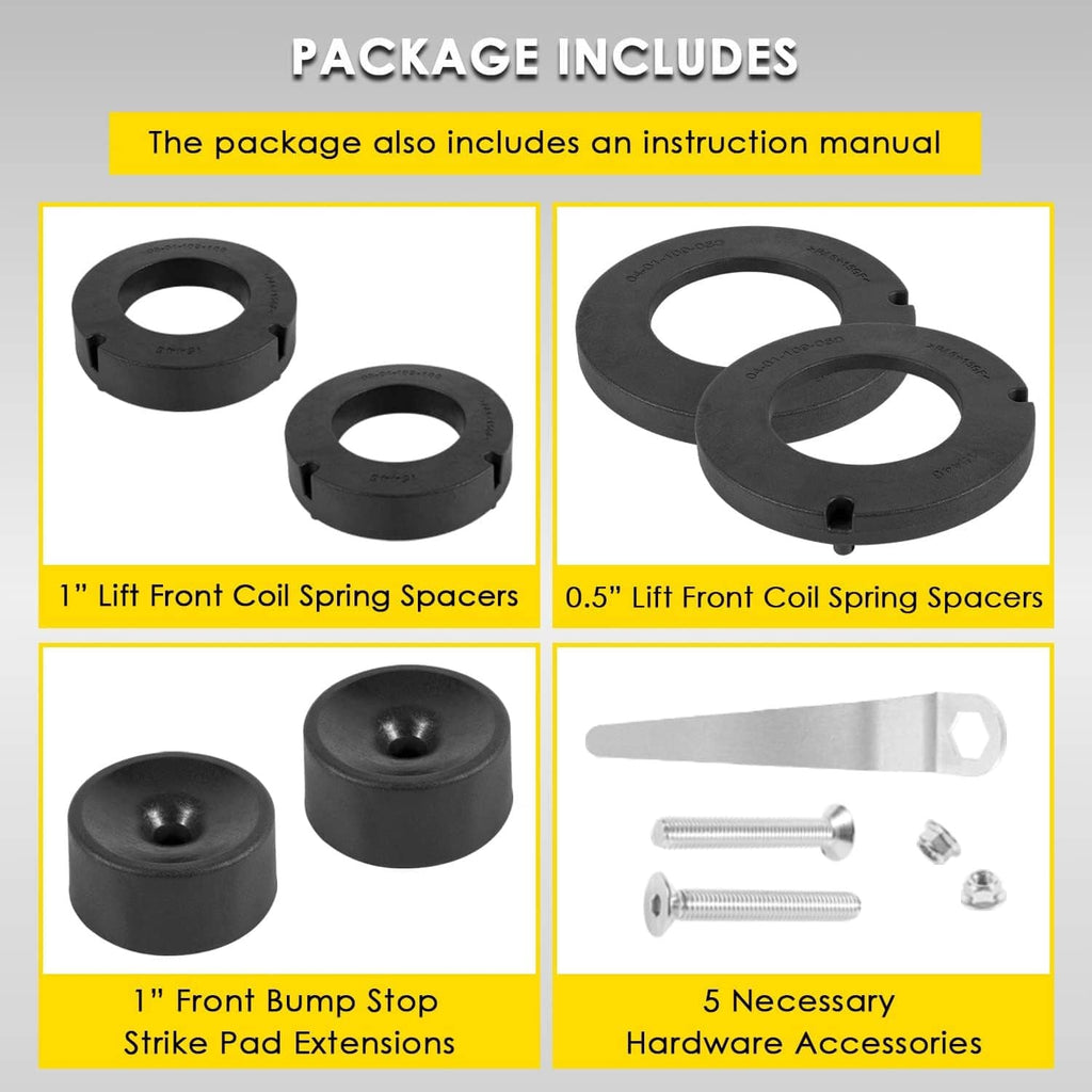 Spacer kit bundle: 1 in and 0.5 in front coil spacers, bump stop extensions, hardware