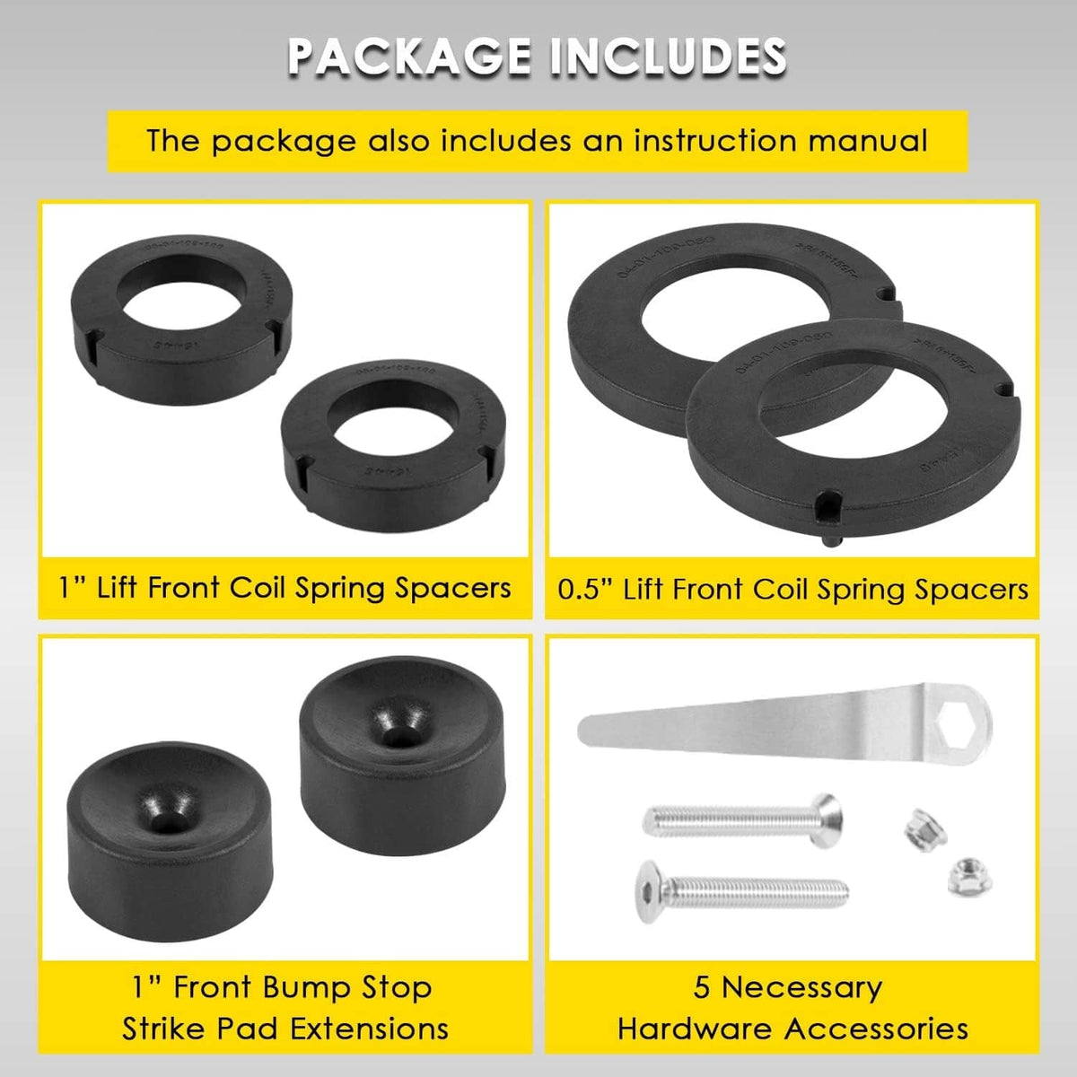 Spacer kit bundle: 1 in and 0.5 in front coil spacers, bump stop extensions, hardware