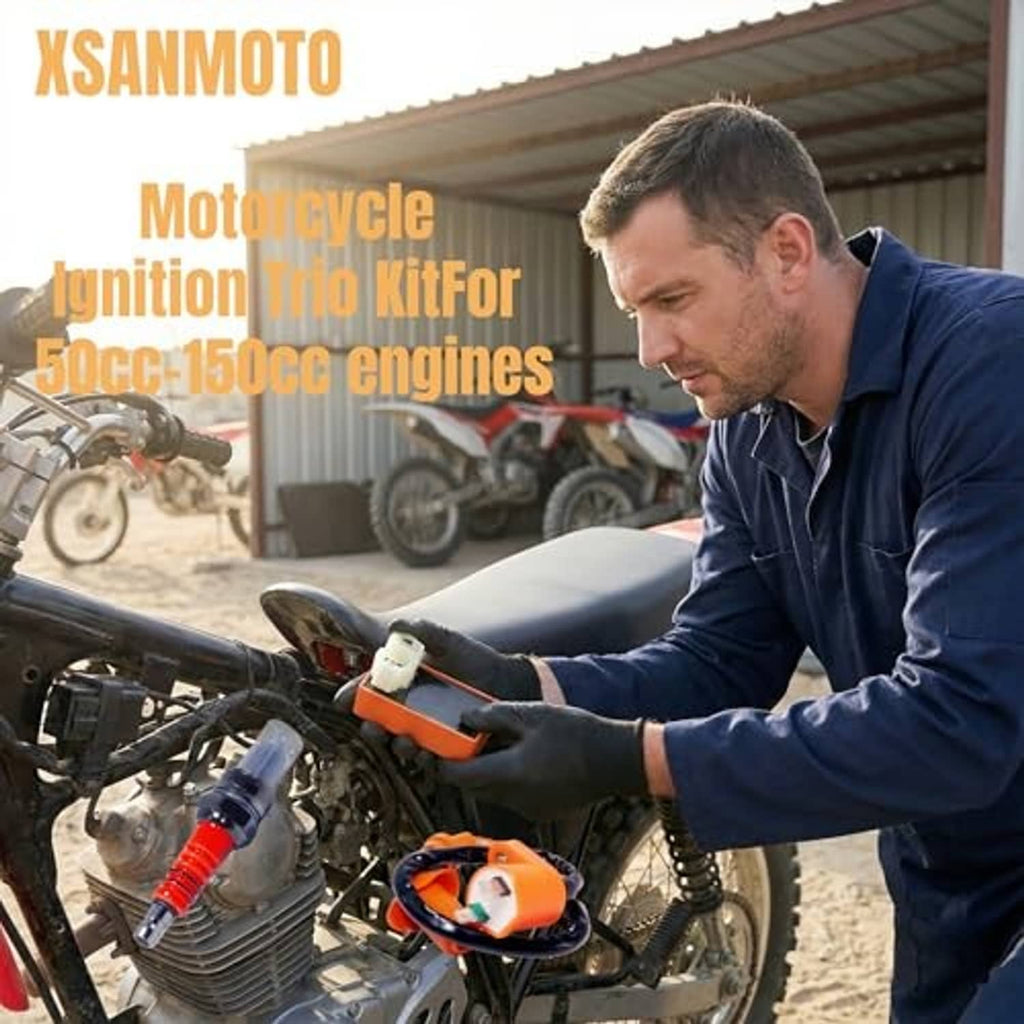 Ignition trio kit with orange CDI box and coil wiring harness near motorcycle engine