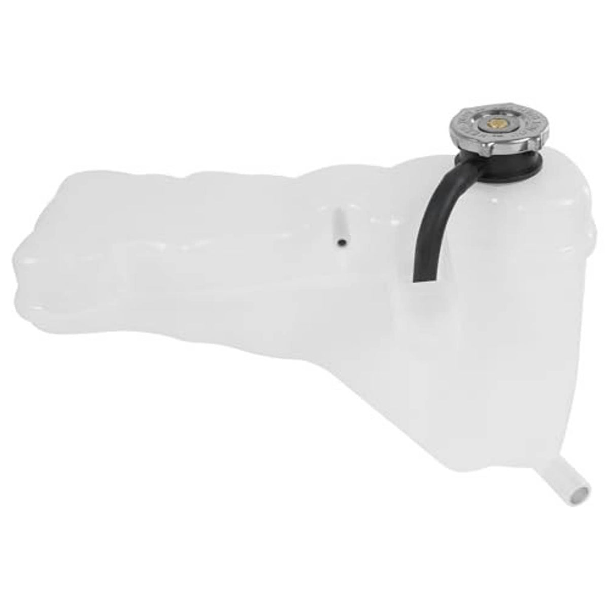 White coolant tank reservoir with attached black hose and metal fill cap