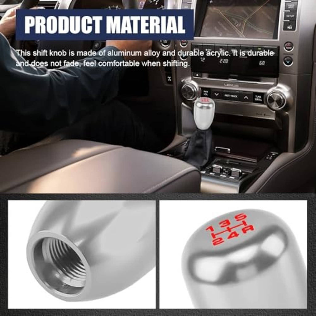 Silver gear shift knob with threaded opening and red gear markings