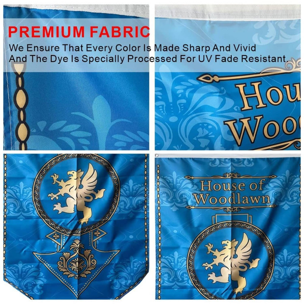 Blue pennant banner fabric with ornate crest medallion and border stitching