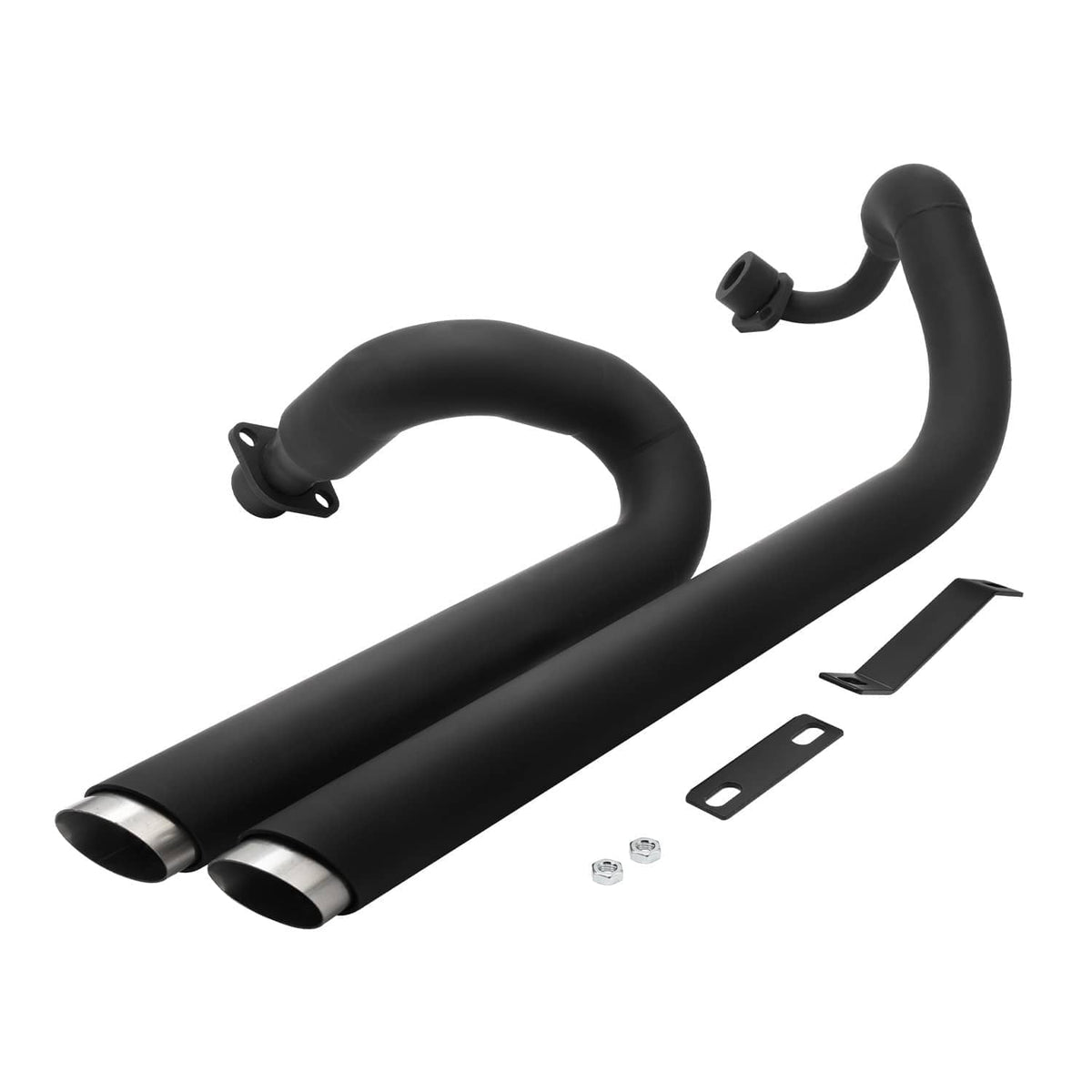 Black dual exhaust pipes with curved mufflers, clamps, and mounting brackets