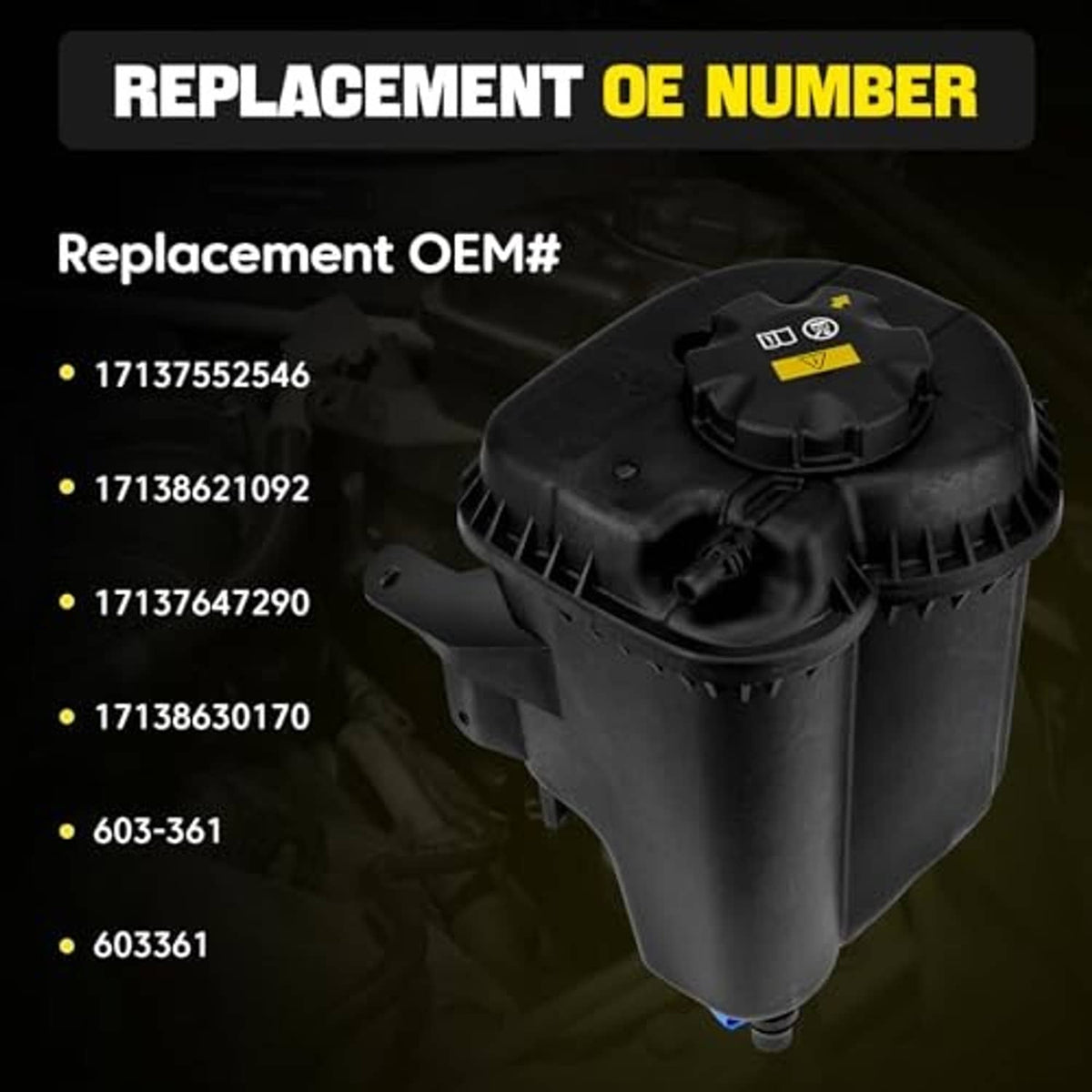 Black engine coolant reservoir tank with cap and sensor, replacement part