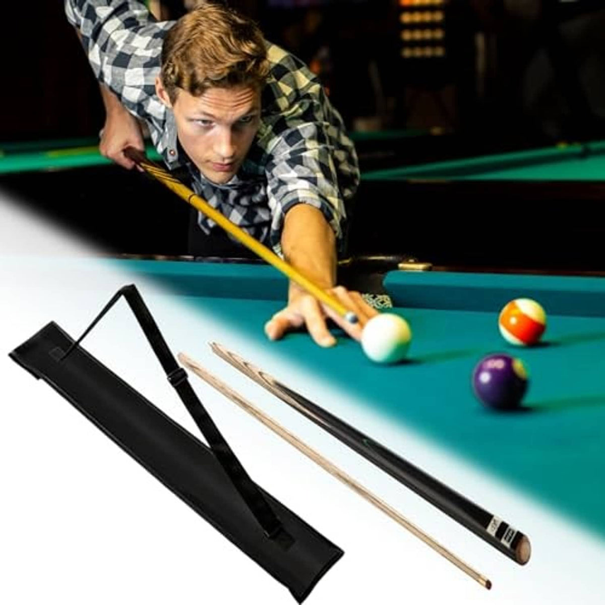 Black long pool cue case with strap holding multiple cue sticks