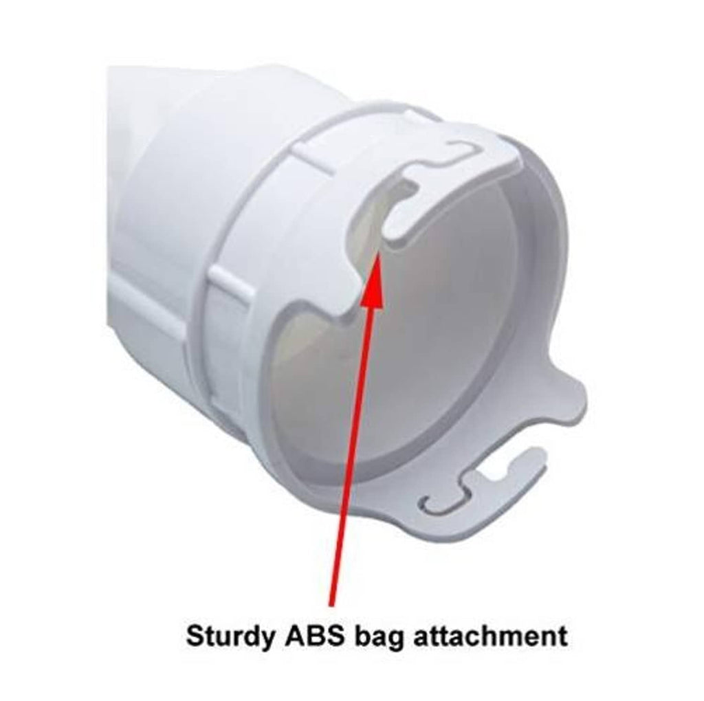 Sturdy ABS hose attachment for a white fine mesh debris bag with zipper enclosure