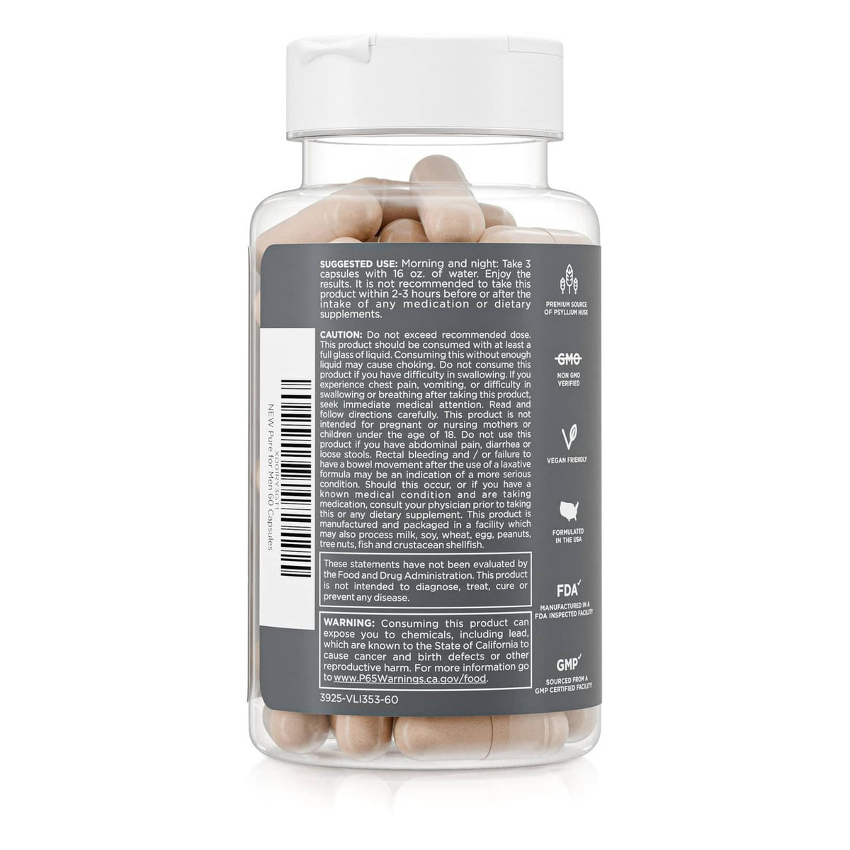 Fiber supplement bottle back side with ingredient list, warnings, and barcode